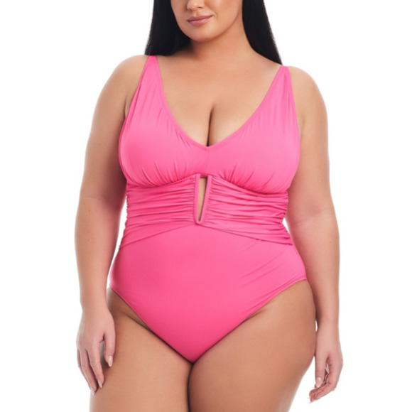 NEW Bleu Rod Beattie One Piece Swimsuit Plus Size 18W Pink Ruched Keyhole - Picture 1 of 7